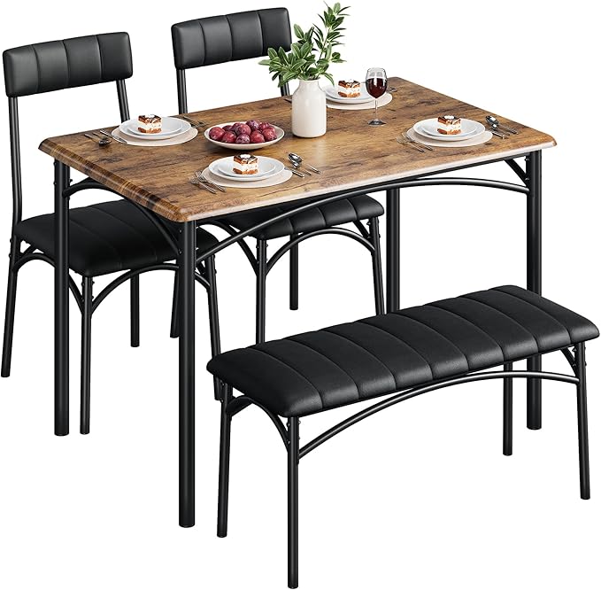 Dining Table Set for 4, Rectangular Kitchen Table and Chairs Set of 4 for Small Spaces, Modern Dining Room Table Set with Upholstered Bench and 2 Chairs, Space Saving Dining Furniture for Apartments