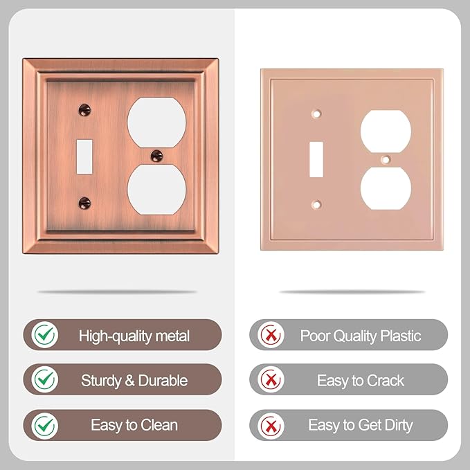 Metal Wall Plate for Electrical Outlets, Decorative Antique Copper Switch Plates Outlet Cover, Light Switch Cover Plate, 2-Gang Wall Plates (Toggle/Duplex, 2 Pack)