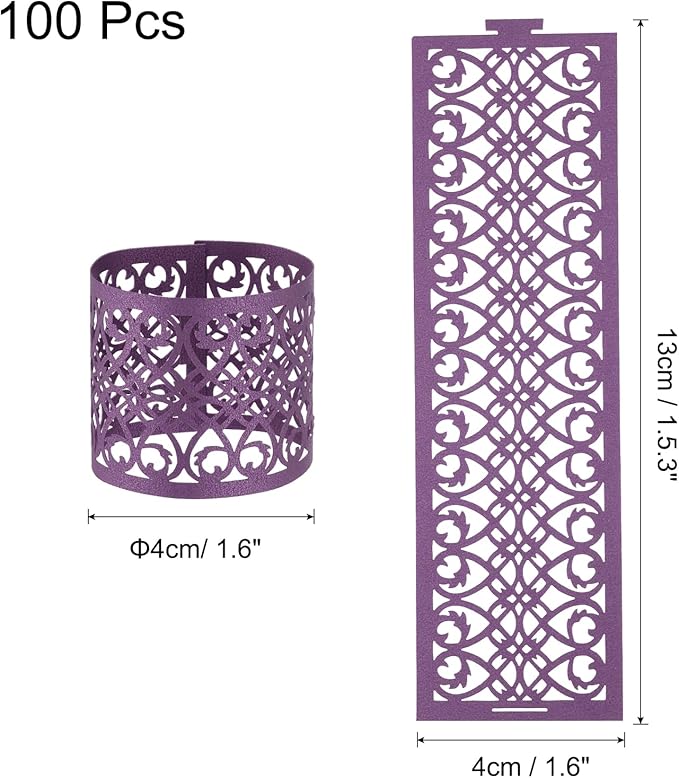 uxcell 100Pcs Napkin Rings Laser Cut Foil Paper, Napkin Holder Hollow Napkin Bands for Weddings Party Serviette Table Decoration Restaurant (Dark Purple, 5.3 x 1.6)