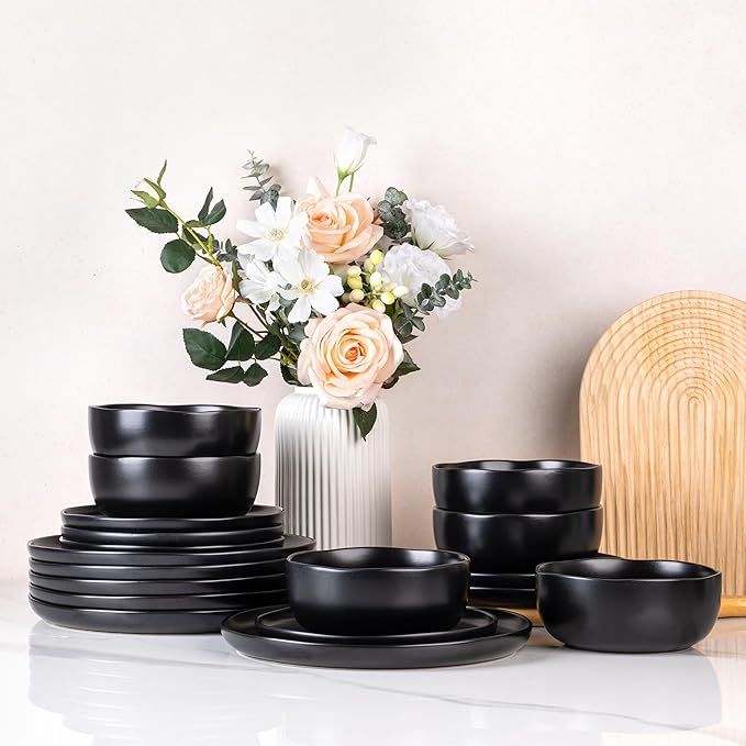 AmorArc Ceramic Dinnerware Sets, Wavy Rim Stoneware Plates and Bowls Sets,Dishwasher & Microwave & Oven Safe Dishes set, Service for 4 (12pc)-Matte Black