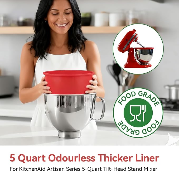 Silicone Liner for KitchenAid 5 Qt Tilt-Head Stand Mixer, Odourless,Thicker, Cold/Heat-Resistant & Non-Stick, Easy Clean, Fits 5 Quart Mixing Bowl with Lid