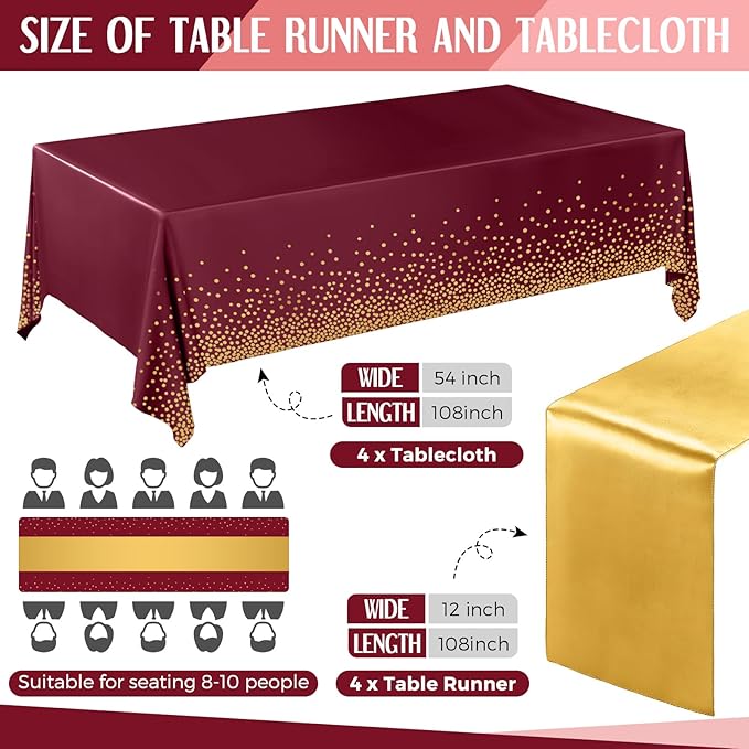 Breling 8 Pack Burgundy and Gold Disposable Plastic Tablecloths and Satin Table Runner Set, 54 x 108 Inch Tablecloth, 12 x 108 Inch Table Runners for Wedding Graduation Birthday Baby Shower