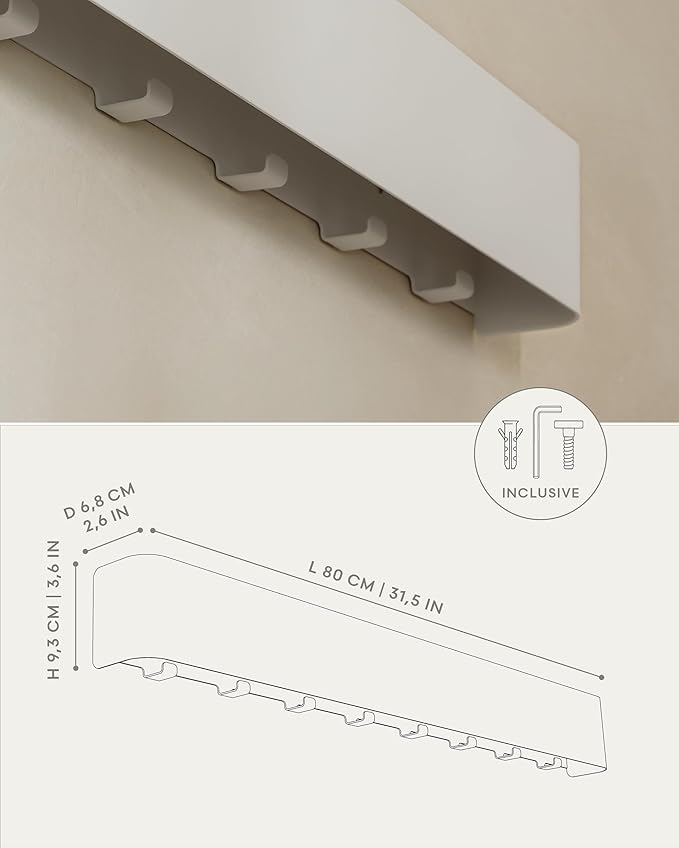 Kazai.® Coat Rack Wall Mount with Shelf 'Tone' | Modern Design Coat Hanger with Hidden Hooks and Storage | Hat Rack with Shelf in Metal | Wall-Mounted Purse Organizer | White