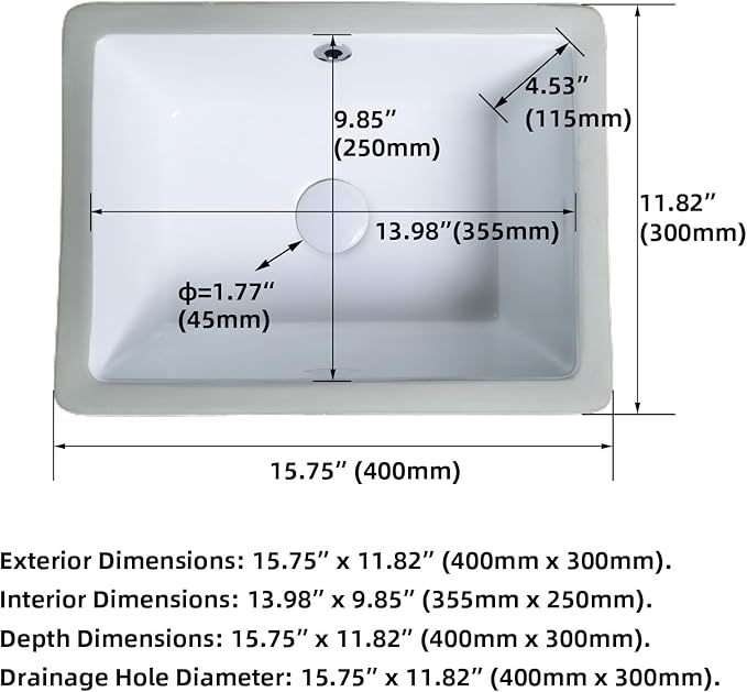 16 Inch Bathroom Vanity SinSmall Undermount Bathroom Sinks Rectangular White Porcelain Vessel Sink Cabinet 15.75" x 11.82" Ceramic Wash Basin Sink With Overflow Tiny Lavamanos Para Baños KINGWONG