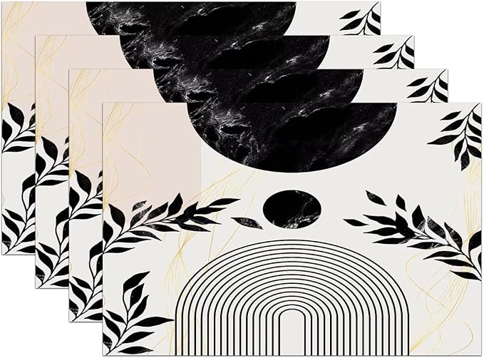 Boho Mid Century Leaf Placemats,Arch Sun Design,Minimalistic Leaves Pattern Luxurious Washable Place Mats 12x18Inch for Dining Kitchen Farmhouse Decor 6 PCS