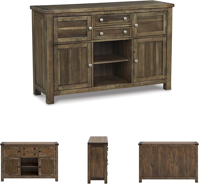 Signature Design by Ashley Moriville Vintage Casual Dining Room Buffet or Server with 4 Cabinets & Center Display Shelf, 2 Drawers, Wood, 56" Wide, Brown
