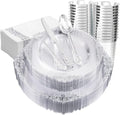 FLOWERCAT 175PCS Clear Silver Plastic Plates -Include 50 Plates, 25 Cups, 25 Forks, 25 Knives, 25 Spoons, 25Napkins for Wedding & Party&New Year