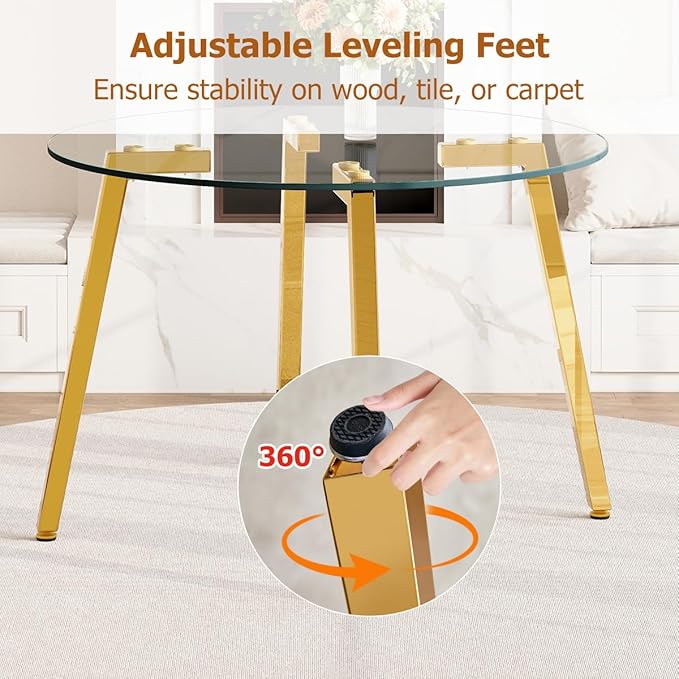 42" Round Glass Dining Table Set for 4,Modern Breakfast Table Set for 4 with Luxury Gold Chrome Legs,Space Saving Kitchen Table and Black Chairs for Apartment,Easy Assembly