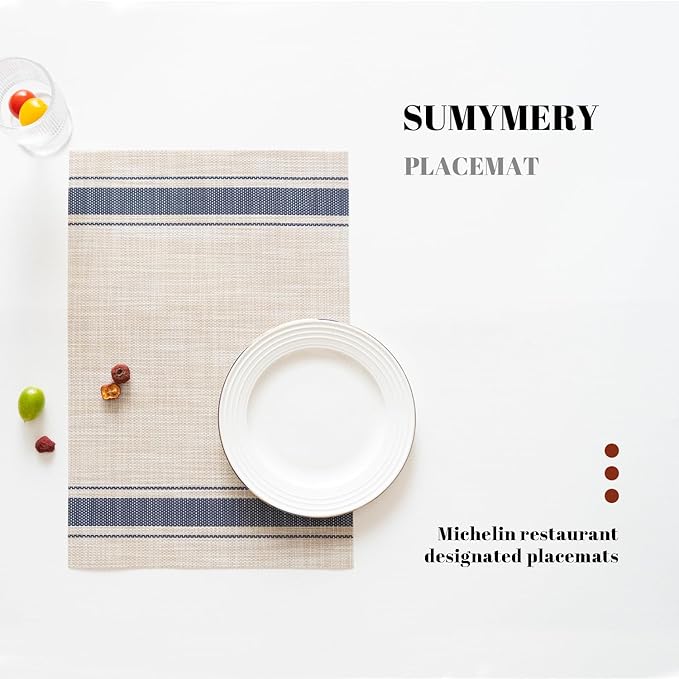 Placemats Set of 12 Vinyl/Plastic Woven Place Mats for Kitchen Table Indoor/Outdoor Washable Placemat Wipeable Dining Table Mats (Khaki Blue,12)