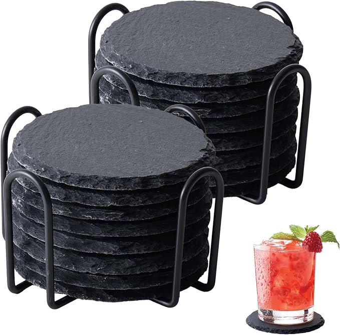 16 Pack Stone Coaster Set with Metal Stand 4-inch Round Laser-Engraved Black Stone Coasters with Protective Pads on The Bottom Ideal for Home,bar, and Gift Occasions (Weddings, housewarmings)