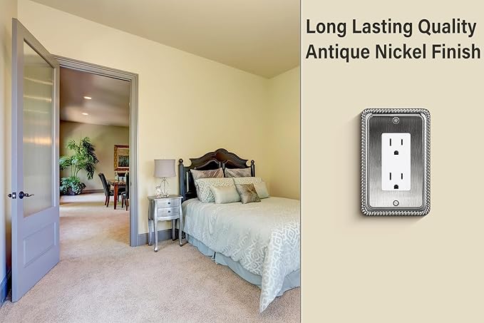 Henne Bery Rope Edge Decorative Wall Plate Switch Plate Outlet Cover (Single Decorator, 3 Pack, Heirloom Silver)