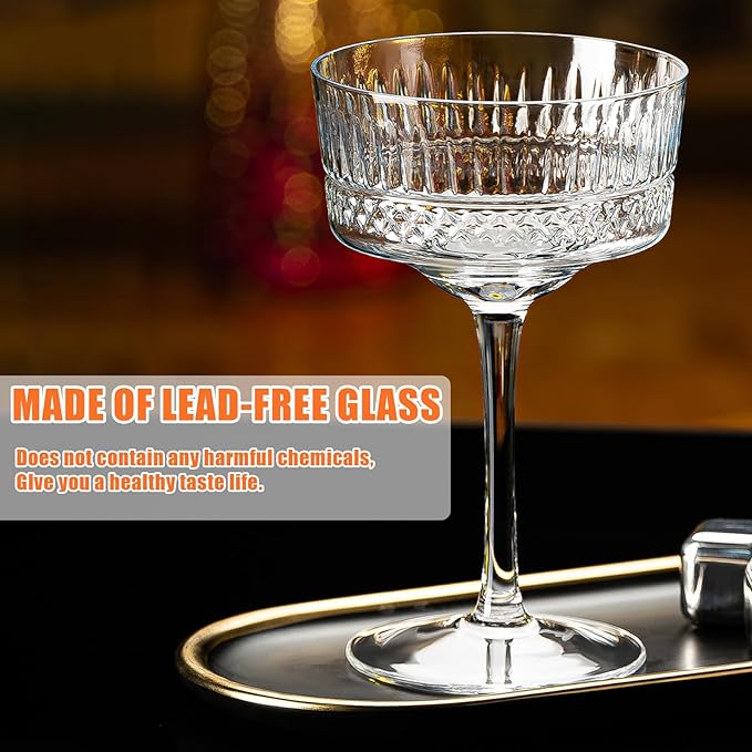 Vintage Art Deco Coupe Glasses Set of 6, 10 oz Martini Glasses, Coupe Cocktail Glasses,Elegant Hand Blown Manhattan Goblet for Bar, Champagne, Martini, Cosmopolitan, Gimlet, Pisco Sour