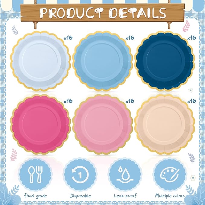 96 Pcs Pink Rose Navy Blue Paper Plates 9 Inch Gradient Scalloped Paper Plates Disposable Dinner Dessert for Birthday Wedding Bridal Party Supplies, 6 Colors