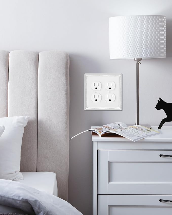 2-Pack Double Duplex Outlet Cover, Metal Switch Plates and Outlet Covers, Pure White Pearls Decorative Wall Plates for Electrical Outlets, 2 Gang Receptacle Cover, Corrosion Resistant