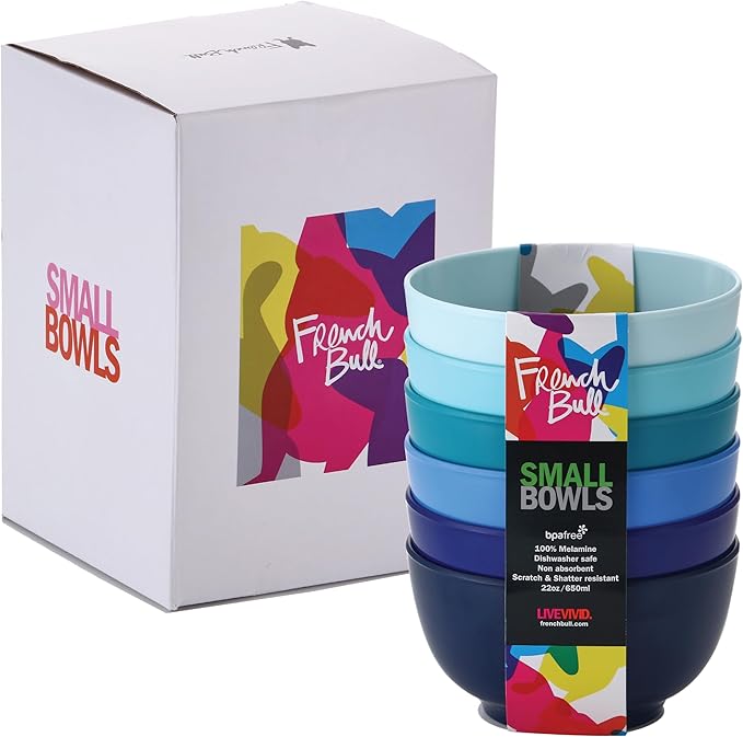 French Bull Melamine Small Bowls, 6-Piece Set, Small Serving Bowl – Snack, Condiment, Dip, Dessert, Ice Cream – Shatter Proof, Food-Safe, BPA Free, Dishwasher Safe, 5.5” 22 oz - Shades of Blue