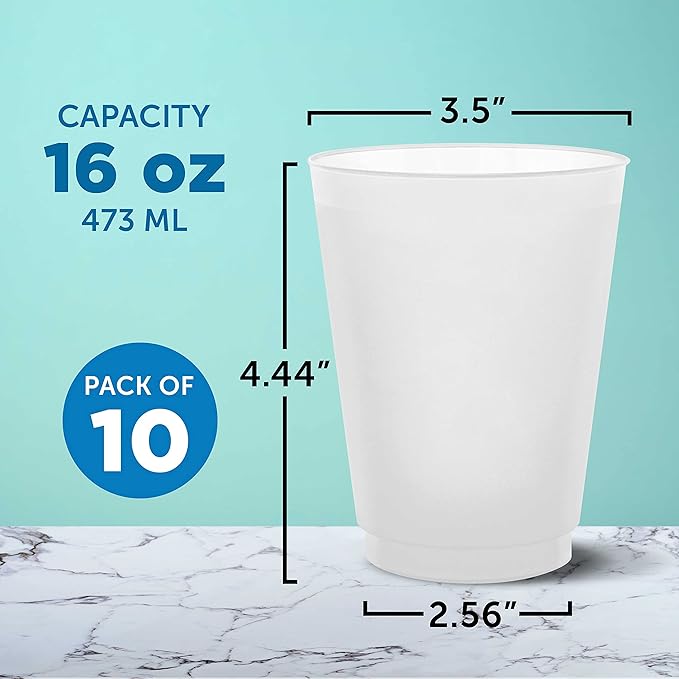 DISCOUNT PROMOS Frosted Plastic Stadium Cups, 10 pack, 16 oz. Shatterproof Flexible Reusable Party Cups, Natural