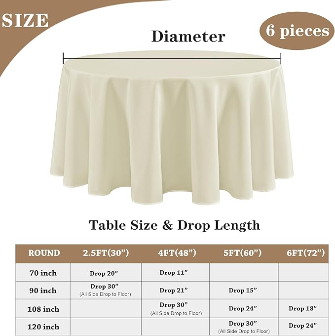 Fitable 6 Pack Ivory Round Table Clothes - 90 Inches in Diameter - Stain Resistant and Washable Tablecloths, Polyester Fabric Table Covers for Wedding, Party, Banquet, Gathering
