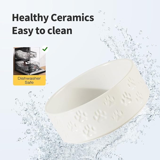 Ceramic Dog Bowl Set, 6.1" Dog Bowls with Anti-Slip Rings for Small Breed Dogs, 3.5 Cup Food and Water Bowls, Pet Dishes for Small-Sized Dogs, Microwave Safe (Double Bowls - White, 6 inch)