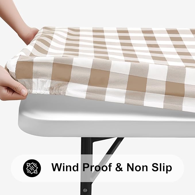 Smiry Rectangle Picnic Table Cloth, Elastic Waterproof Fitted Vinyl Tablecloths, Flannel Backed Buffalo Plaid Table Covers for Dining, Camping, Outdoor (White and Khaki, 36" x 60")