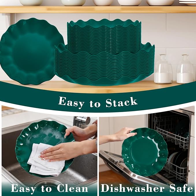 LIYH 50 Pcs Green Plastic Christmas Plates Reusable - Christmas Plastic Plates Unbreakable Holiday Dinnerware Dishes Fancy Scalloped Plate Dishwasher Safe BPA Free for Xmas Day (25Guests)