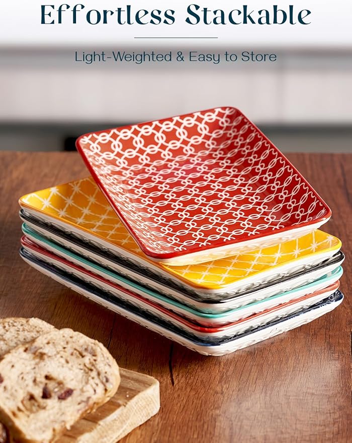 DOWAN 8" Ceramic Salad Plates Set of 6, Colorful Design for Salads, Appetizers & Desserts, Dishwasher, Microwave & Oven Safe – Ideal for Parties and Perfect for Wedding & Mother’s Day Gifts