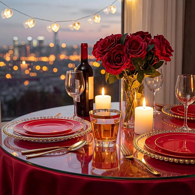 WDF 300Pcs Red Disposable Plates - Red Plastic Plates - 50guest Disposable Dinnerware Include 50 Dinner Plate, 50 Dessert Plate, 150 Cutlery & 50 9oz Cups for Valentine's Day & Parties
