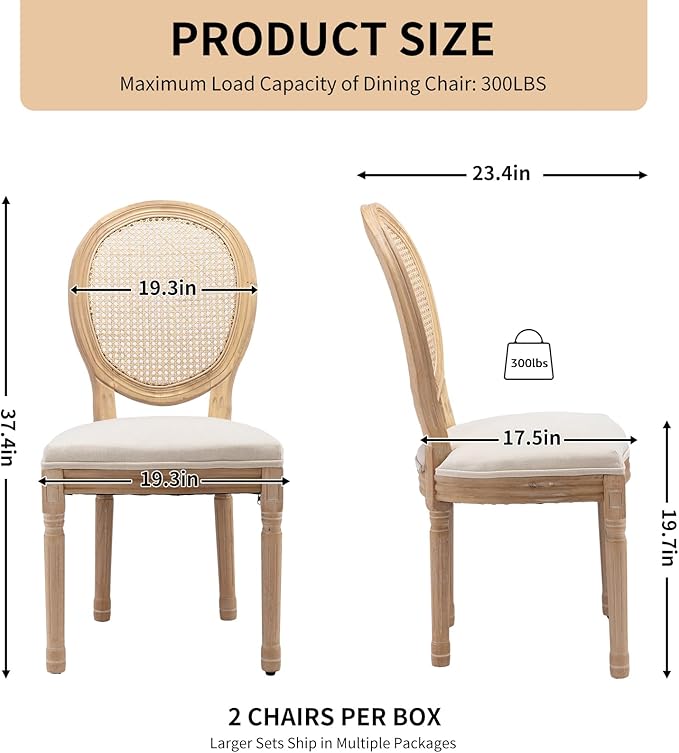 Vintage French Rattan Dining Chairs Set of 6, Solid Wood Frame with Round Rattan Back and Linen Upholstered Seat, Farmhouse Accent Sillas de Comedor Side Chairs for Dining Room & Kitchen, Beige