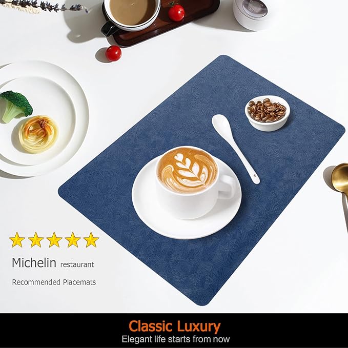 Vinyl Placemats Set of 8 Faux Leather 100% Waterproof Wipeable Washable Place Mats Heat Resistant Easy Clean Non-Slip Table Mats for Indoor Outdoor. (8,Blue)