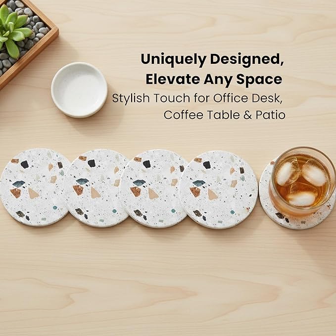 Terrazzo Coasters Set of 6, Ceramic Absorbent Drink Coasters, Cute Moisture Absorbing Coaster, Coffee Table Desk Decor, Colorful Stone Coaster for Drinks (Granite)