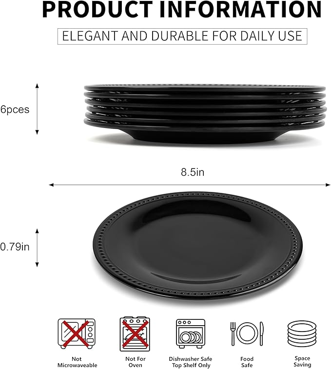 Melamine Beaded Appetizer/Salad/Dessert/Side Plates, Black, Set of 6, 8.5 inch, Platter, Serving Dishes, Kid-Friendly, Chip and Break-Resistant, Durable, for Indoor and Outdoor, Dishwasher Safe