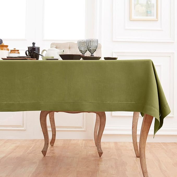 Solino Home Linen Tablecloth 60 x 144 Inch - Classic Hemstitch 100% Pure Linen Avocado Green Table Cloth for Rectangle Tables - Machine Washable Tablecloth for Winter, Spring, St Patricks Day, Easter