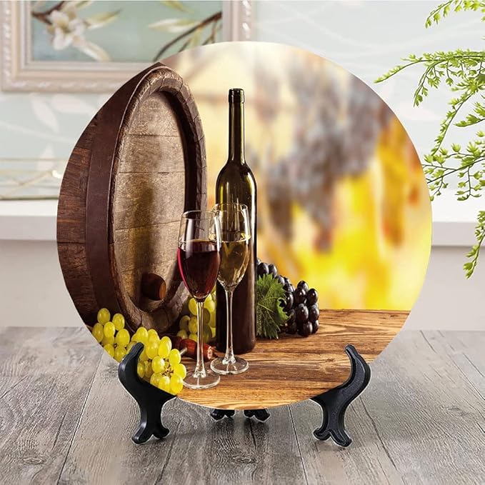 Decorative Plates, Wine Print Ornament, Red and White Wine Bottle Glass on Wooden, 6 Inch, 1 Plate with 1 Display Stand, Brown Light Green Yellow