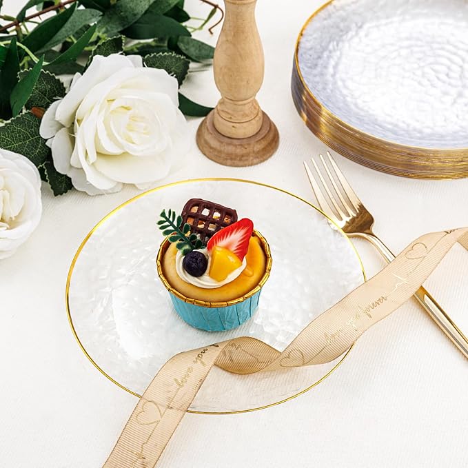 Rubtlamp 100 Pcs Clear Gold Plastic Plates, Hammered Party Plates, Clear Disposable Dessert Plates,Clear Gold Plates 7 Inch, Gold Plastic Dessert Plates Disposable For All Occasions