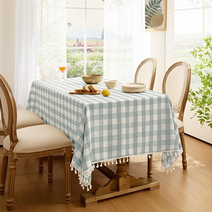 Softalker Checkered Tablecloth Rectangle, Outdoor Linen Cotton Gingham Table Cloth with Tassel, Heavy Duty Wrinkle Free Buffalo Plaid Table Cover for Kitchen Dining Home Party - 55 x 84 Inch, Aqua