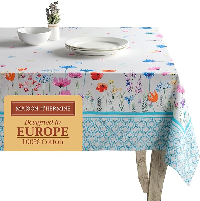 Maison d' Hermine Table Cloth Rectangle Table 100% Cotton 60 x 120 Inches Tablecloth Reusable Decorative for Dining Room Farmhouse Home Valentines Day Decorations Spring Summer - Flower in The Field