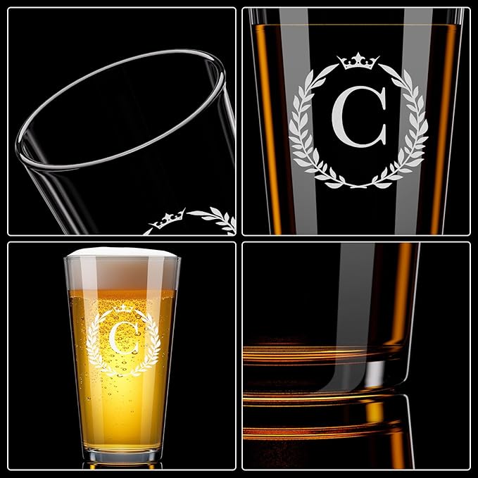 Personalized Beer Glasses Gifts for Men, 16 oz Pint Glasses Monogrammed A-Z Drinking Glass Cups Customized Gift, Unique Christmas Anniversary Birthday Gifts for Men Him Dad Brother Husband Grandpa (C)