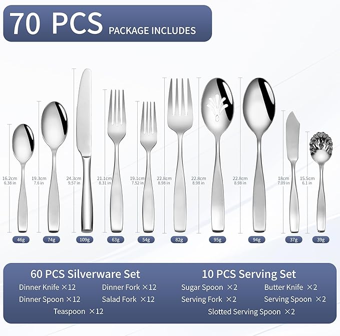 70 Piece Silverware Set 18/10 Stainless Steel, Flatware Set for 12 With 2 Sets of Serving Utensil, High End Heavy Duty Silverware Set, Dishwasher Safe, Ideal for Gift