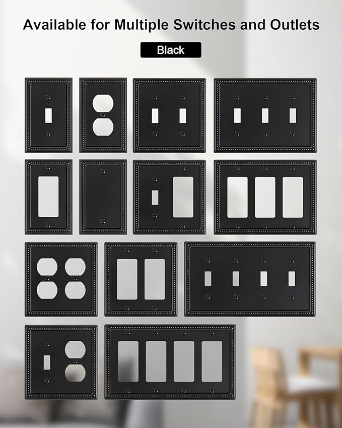 4-Pack Decorator Outlet Cover Plate, Pearls Decorative Switch Plates and Outlet Covers, Black Metal Wall Plates for Electrical Outlets, Receptacle, GFCI Outlet, Dimmer Switch
