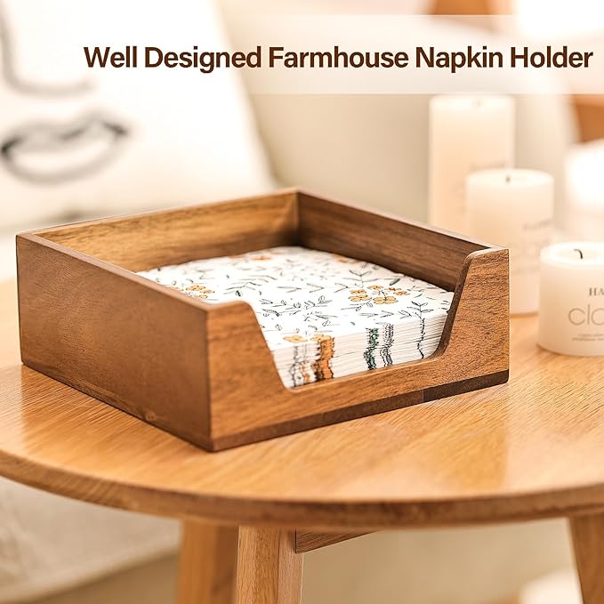 Napkin Holder for Table, Wooden Napkin Dispenser with Side Large Opening for Paper Napkins, Farmhouse Style Square Napkin Holder, Home Kitchen Dining Tabletop Decor