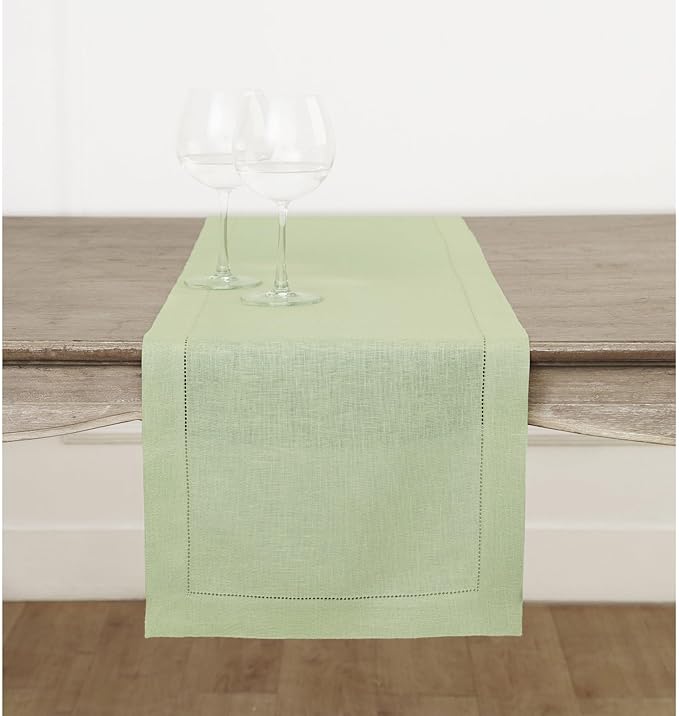 Solino Home Linen Sage Green Table Runner 90 Inches Long - 100% Pure Linen Hemstitch 14 x 90 Inch Table Runner for Dining, Spring, Easter, St Patricks Day - Classic Hemstitch
