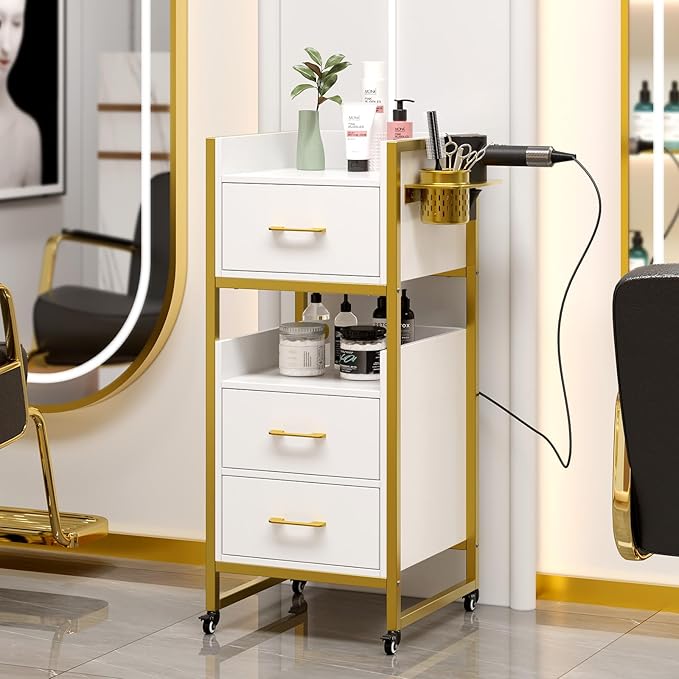 OmySalon Salon Trolley Cart, Hair Styling Station with 3 Drawers, 2 Open Shelf & Tool Holders, Mobile Barber Storage Cabinet Utility Trolley for Beauty Salon Spa,White