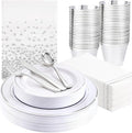 GATHER 176 Pieces Silver Plates - Disposable Silver Plastic Plates Includes 50 Plates, 75 Silverware, 25 Napkins, 25 Silver Rimmed Cups and 1 Tablecloth Perfect for Party & Weding