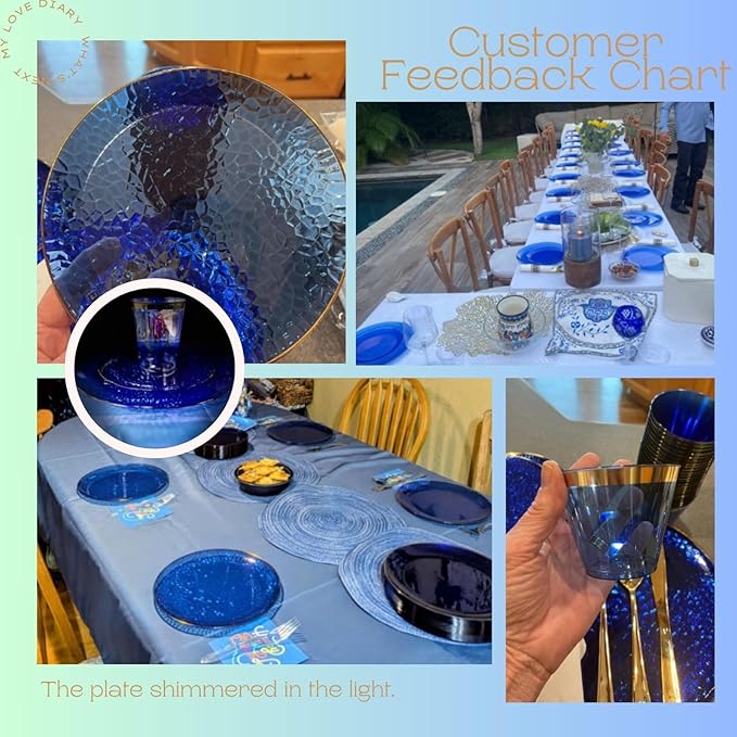 Hioasis 60pcs Blue Plastic Plates - Gold Rimmed Disposable, Hammered, Heavy-duty Dinnerware Set Suitable for 30 Guests, 10.25" Dinner & 7.5" Dessert Plates for Party & Wedding