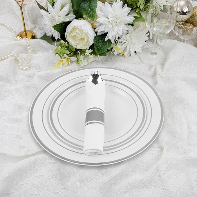 M MCIRCO 350 Piece Dinnerware Set,100 Silver Rim Plastic Plates, 50 Cups,50 Pre Rolled Napkins with Plastic Silverware, Disposable Dinnerware Set for 50 Guest, Silver