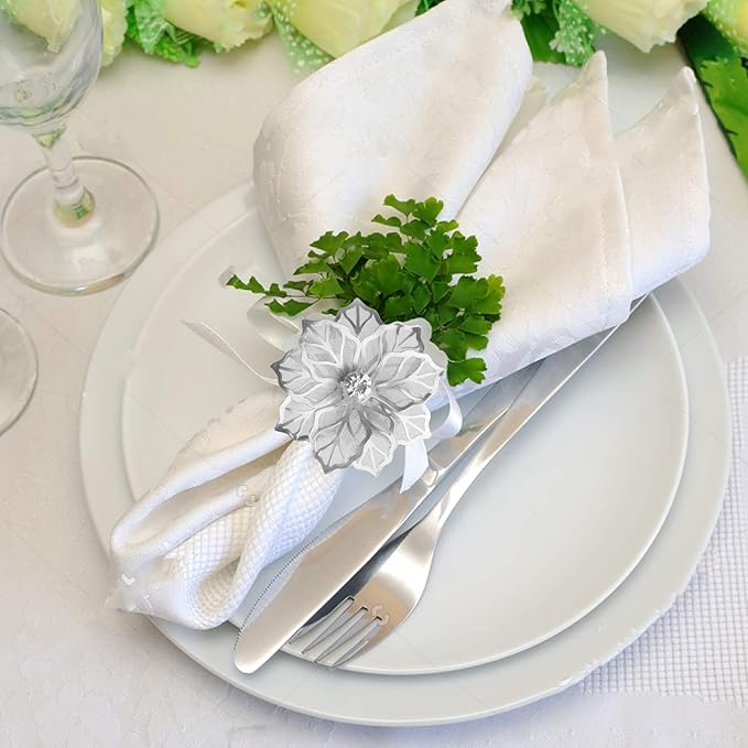 Picowe Set of 12 Alloy Napkin Rings with Hollow Out Flower Napkin Ring Holders for Wedding Party Holiday Banquet Christmas Dinner Delicate Serviette Buckles Decor Favor (Silver)