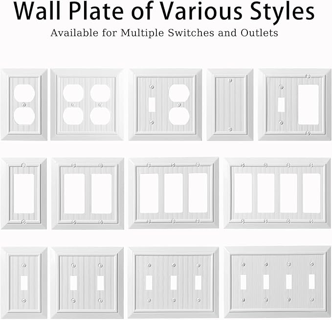 Beadboard Outlet Covers Wall Plates, Bamboo Fiber Light Switch Covers, Natural Material Electric Receptacle Decorative Switch Plate Outlet Cover (Pure White, 2 Gang Duplex 2 Pack)