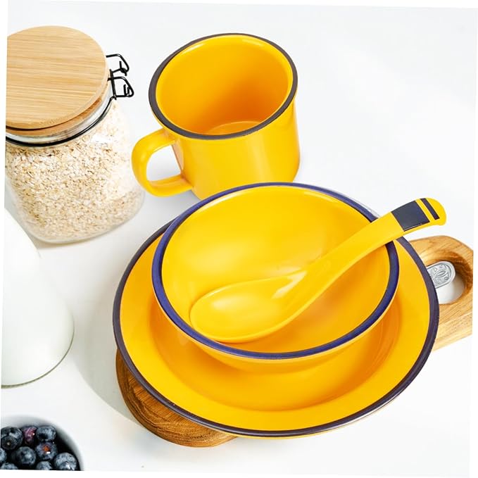 ERINGOGO Dinnerware Yellow Asian Style Rice Soup Bowls Plates Lightweight Tableware for Indoor Outdoor Use Easy to Clean and Portable