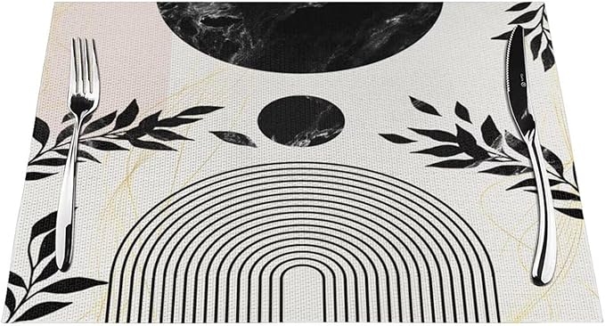 Boho Mid Century Leaf Placemats,Arch Sun Design,Minimalistic Leaves Pattern Luxurious Washable Place Mats 12x18Inch for Dining Kitchen Farmhouse Decor 6 PCS