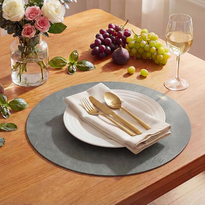 Artoid Mode Grey Faux Leather Placemats Set of 4, 15 Inch Waterproof Wipeable Heat Resistant Vinyl Place Mats, Reversible Table Mats for Winter Kitchen Dining Decor