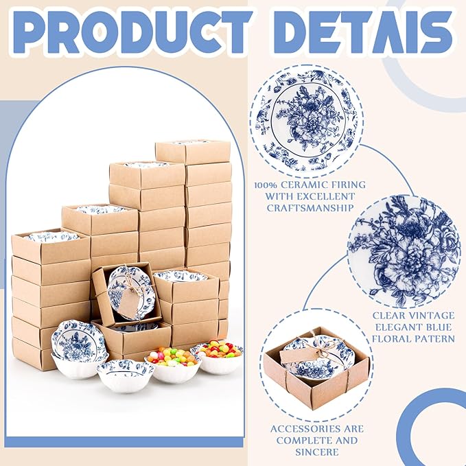 48 Pcs Wedding Favors for Guests Small Ceramic Bowl Bulk Gifts Set 3.3 Inch Floral Design Mini Dipping Sauce Dish with Card Box for Bridal Pooja Baby Shower Birthday Guest Gift (Blue)